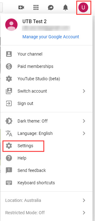 YouTube menu with Settings highlighted