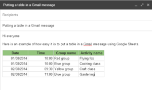 Table in Gmail message