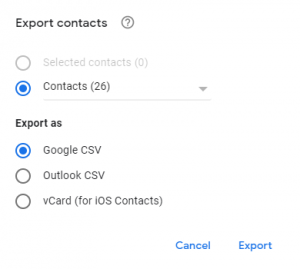 Export contacts screen