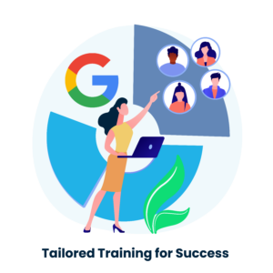 An image of a business owner choosing a training program with multiple options available, with Google Workspace logos on the recommended one.