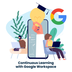 An image showing an evolving digital landscape with a team equipped with Google Workspace tools adapting to changes seamlessly.