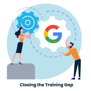 An image portraying a business team with question marks above their heads, symbolizing confusion, and a teacher guiding them towards the Google Workspace logo.