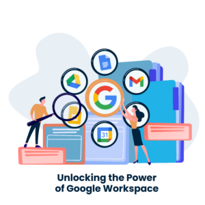 A dynamic image showing a team of employees confidently using Google Workspace tools with lightning bolts symbolizing efficiency.