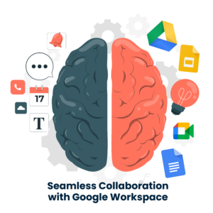 A split image with one side showing a team struggling to collaborate with traditional tools and the other side depicting a seamless collaboration scene using Google Workspace.