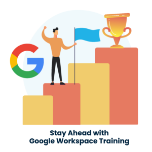 An image portraying a business leader confidently standing ahead of competitors, represented as slow-moving figures, with Google Workspace tools as wings propelling them forward.