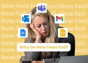 Frustrated employee staring at a computer screen, struggling with a new workplace tool that isn’t working as expected