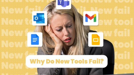 Frustrated employee staring at a computer screen, struggling with a new workplace tool that isn’t working as expected