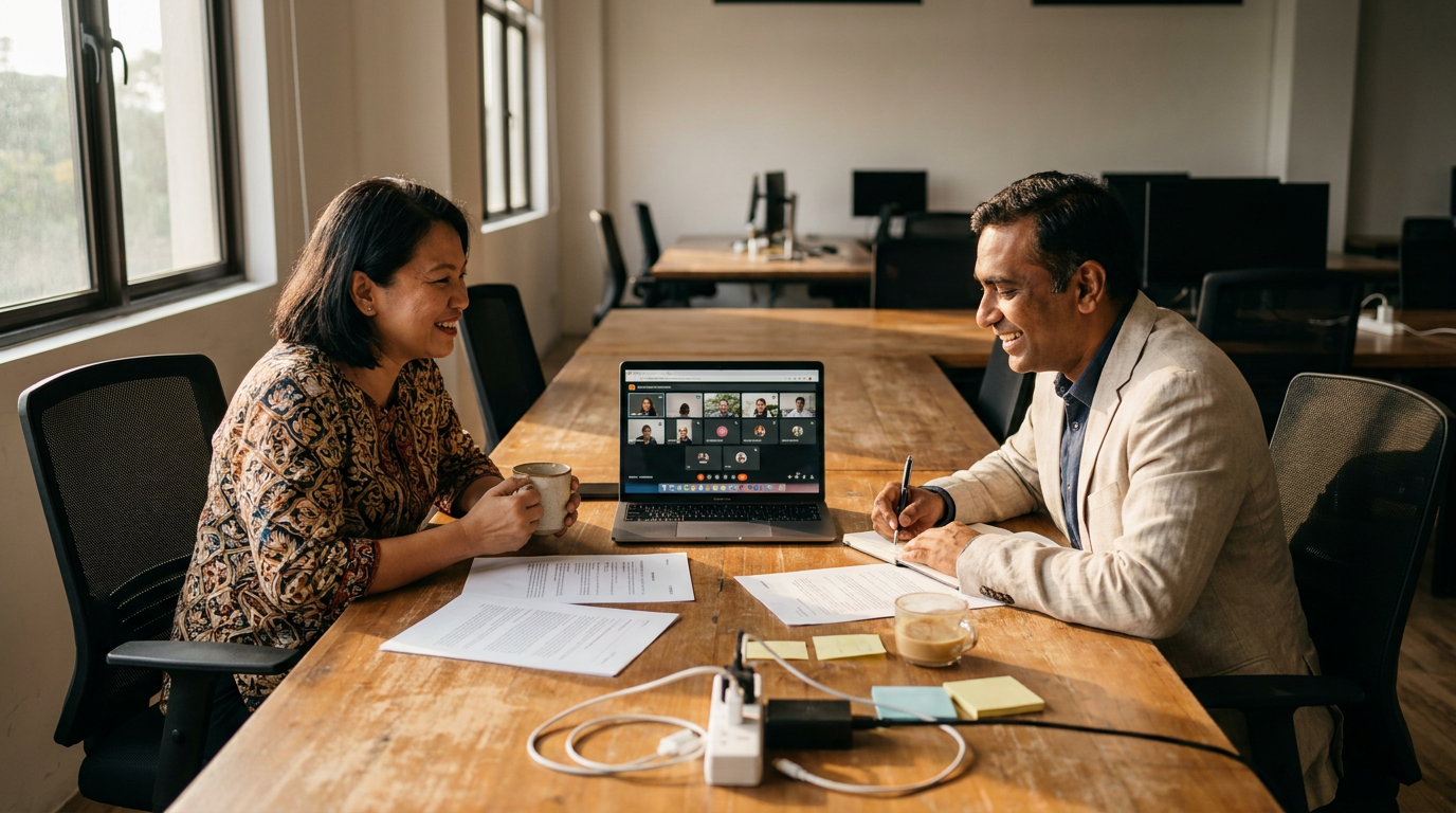 Adoption dashboard on screen, team reviewing