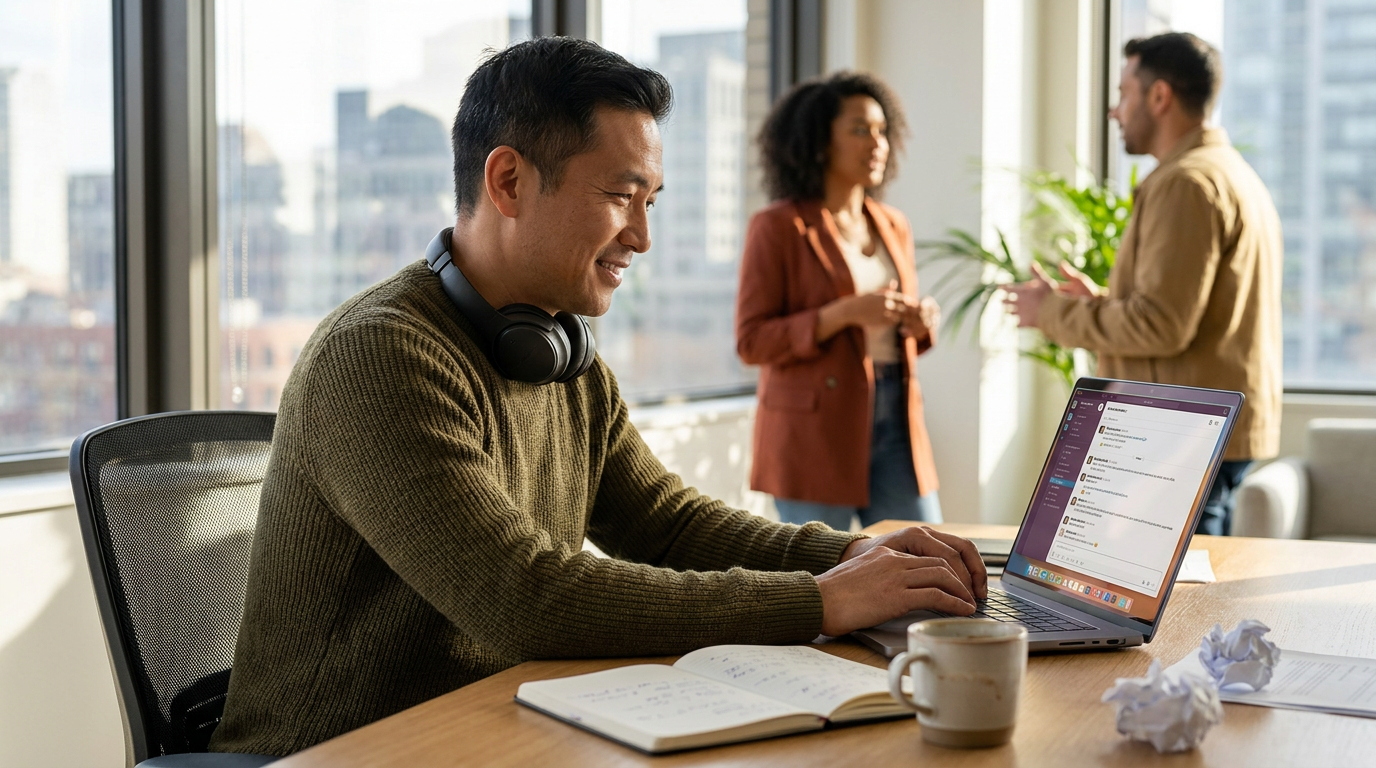 Tech professional focused at workstation