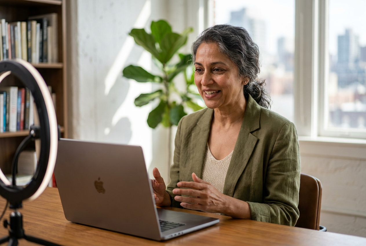 Professional trainer at laptop with ring light