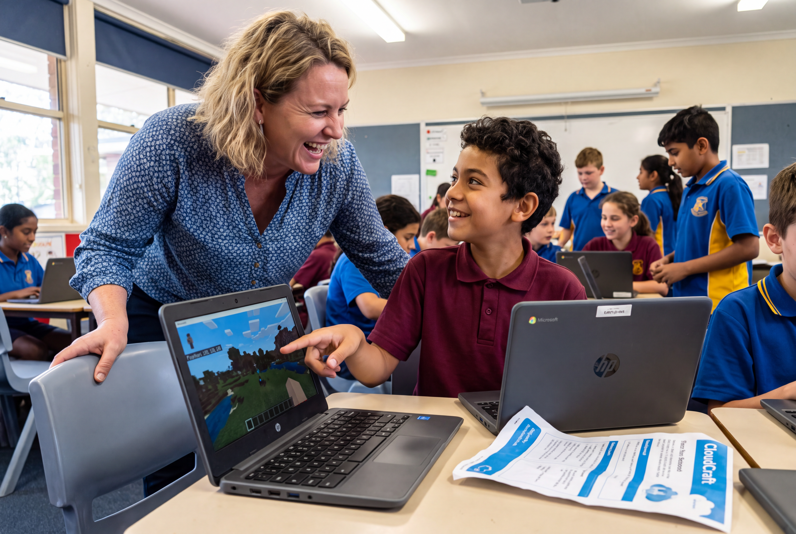A teacher working through the CloudCraft materials pack at her laptop