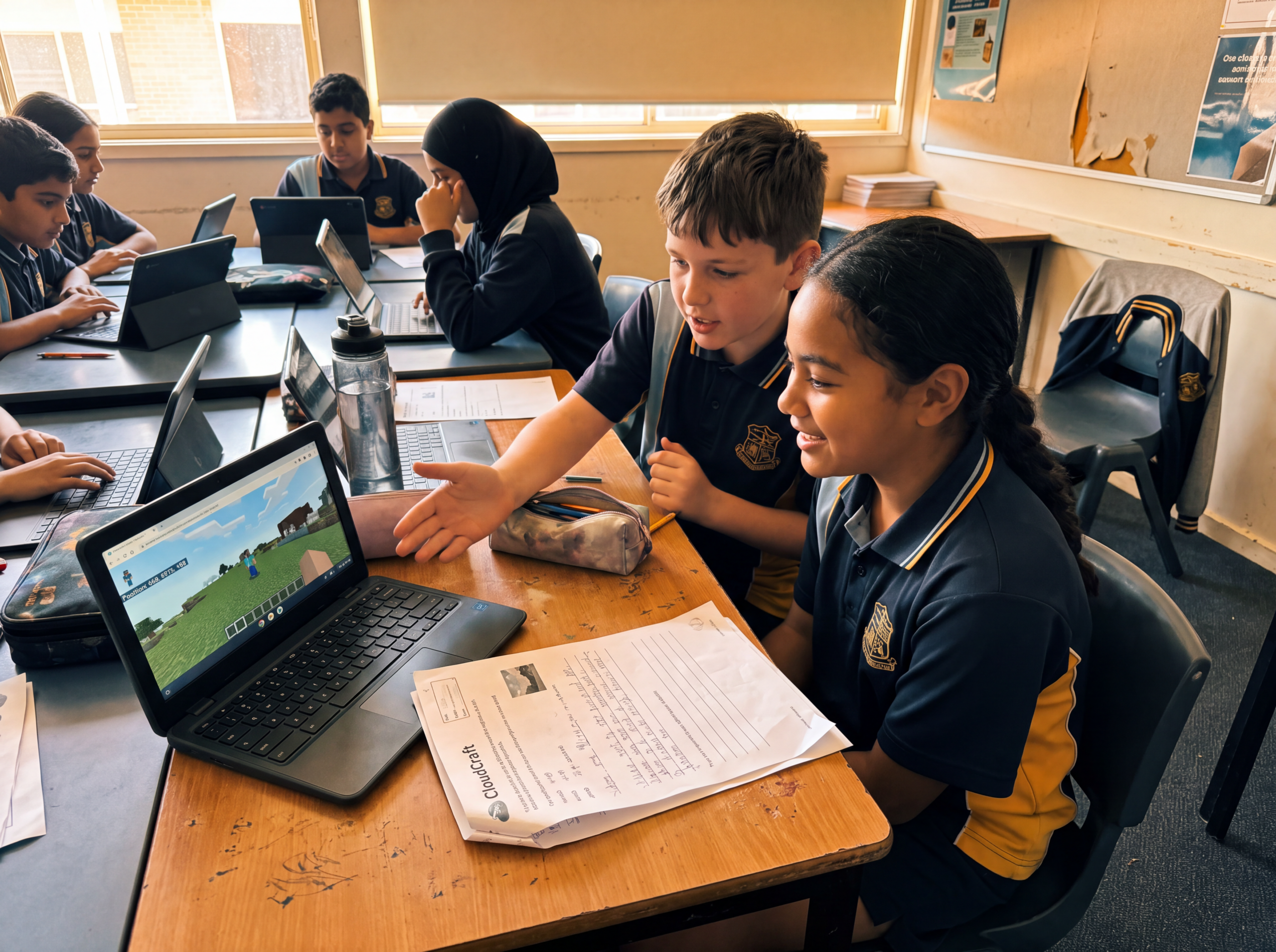 Two Year 7 students working at classroom laptops on a CloudCraft Minecraft Education world