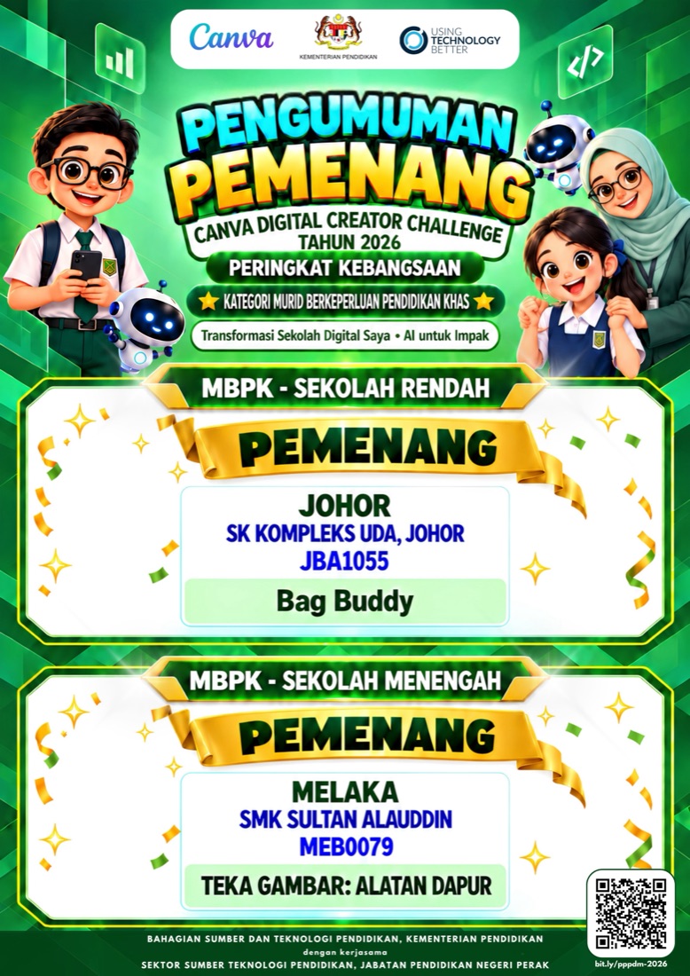 Winners poster, Special Educational Needs (MBPK) categories: Primary winner SK Kompleks UDA, Johor (Bag Buddy); Secondary winner SMK Sultan Alauddin, Melaka (Teka Gambar: Alatan Dapur)